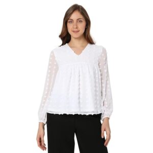 VERO MODA Textured Polyester V Neck Women's Top